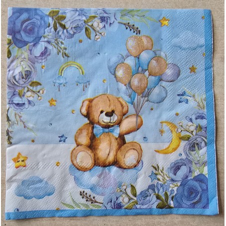 Serviette Teddybär/Luftballons blau