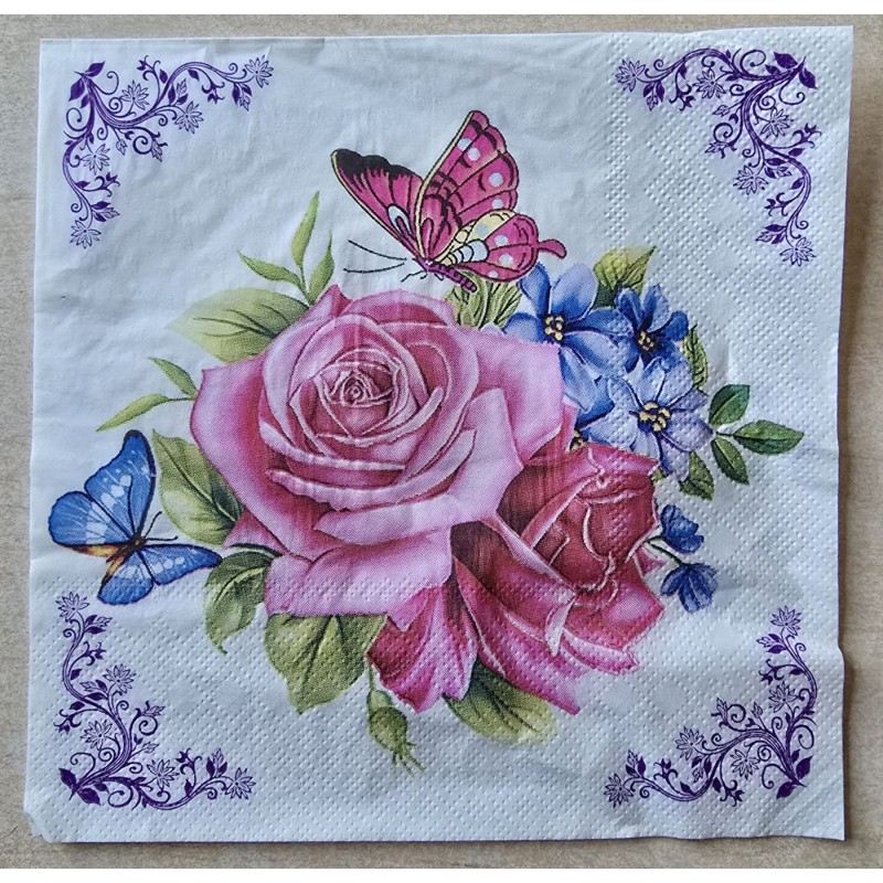 Serviette Rosen pink-rosa/Schmetterlinge