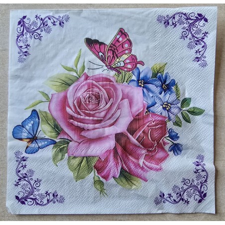 Serviette Rosen pink-rosa/Schmetterlinge