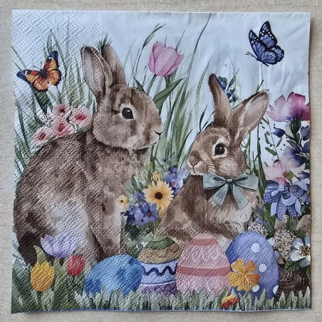 Serviette Zwei Kaninchen/Eier/Schmetterlinge