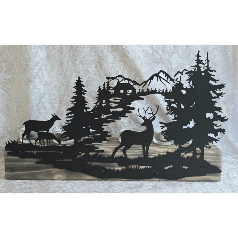 Teelicht Balken Metall Hirsch/Wald schwarz