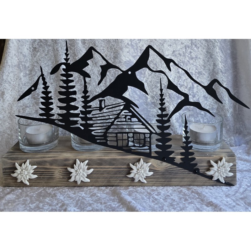 Teelicht Balken Metall Berge/Haus/Wald schwarz