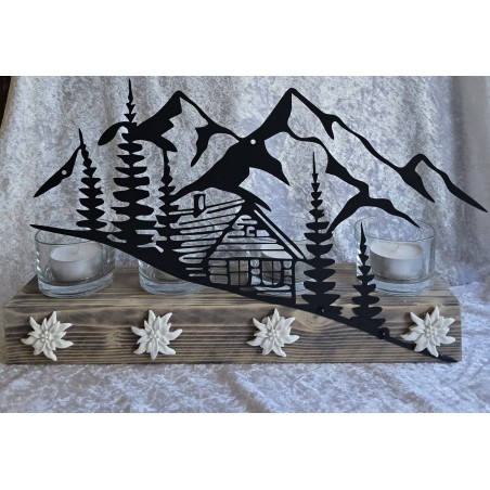 Teelicht Balken Metall Berge/Haus/Wald schwarz