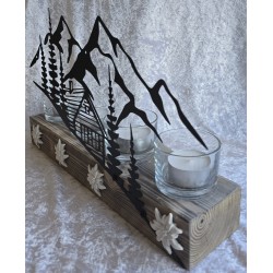 Teelicht Balken Metall Berge/Haus/Wald schwarz
