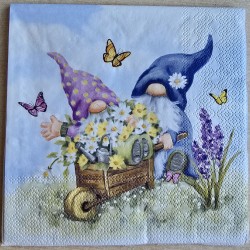 Serviette " Zwei Wichtel/Schubkarre/Blumen "