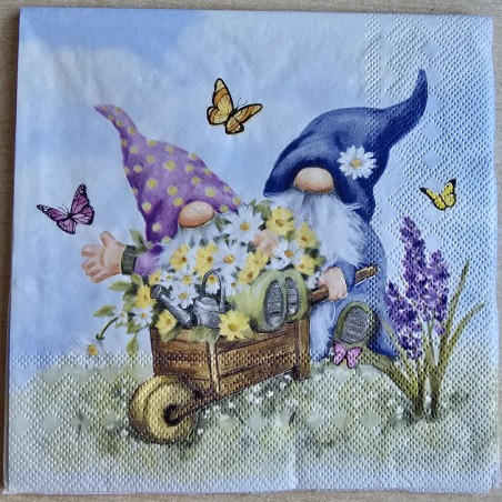 Serviette " Zwei Wichtel/Schubkarre/Blumen "