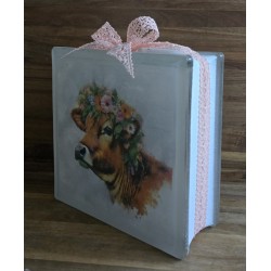 Glasbaustein  Kuh mit Blumenkranz/rosa