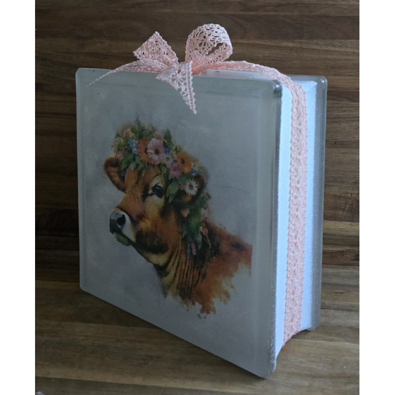 Glasbaustein  Kuh mit Blumenkranz/rosa