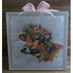 Glasbaustein  Kuh mit Blumenkranz/rosa