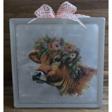 Glasbaustein  Kuh mit Blumenkranz/rosa