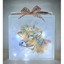 Glasbaustein  Kuh mit Blumenkranz/rosa