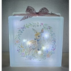 Glasbaustein Rehkitz mit Blumenkranz/rosa