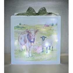 Glasbaustein Kuh/Schwein/Schaf auf Wiese/ hellgrün