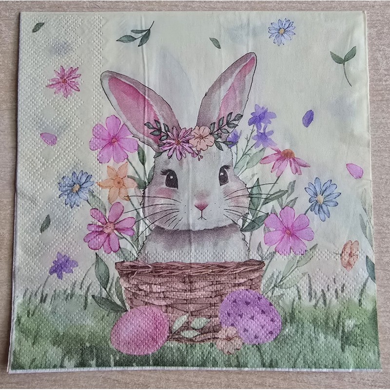 Serviette Kaninchen im Korb/Blumen