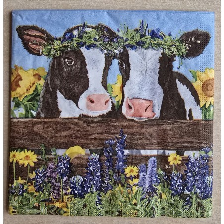 Serviette Zwei Kühe schwarz-weiss/Blumen
