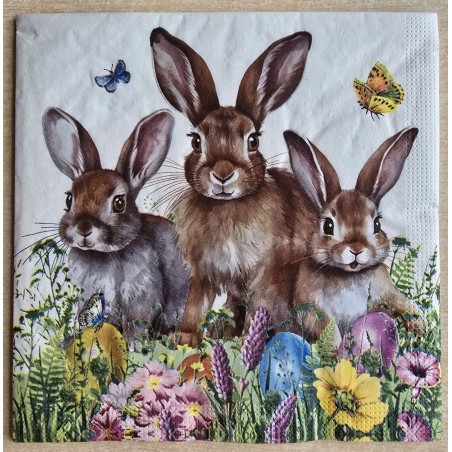 Serviette Drei braune Kaninchen/bunte Eier