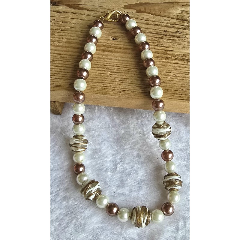 Kette mit Glasperlen weiss/braun