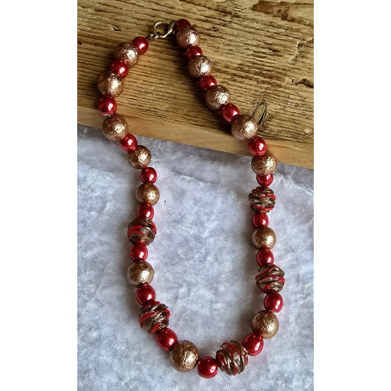 Kette mit Glasperlen rot/bronze