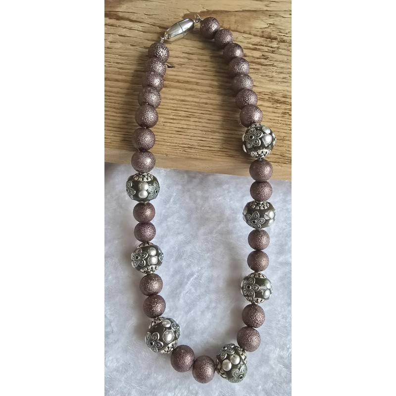 Kette mit Kashmiri Perlen braun/silber