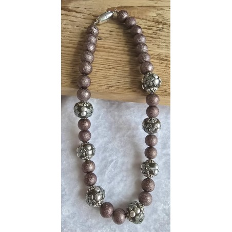 Kette mit Kashmiri Perlen braun/silber