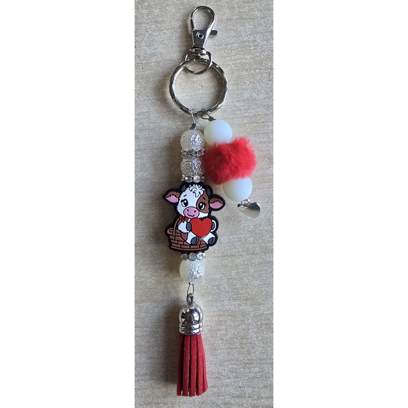Schlüsselanhänger Kuh mit Herz/rot/weiss