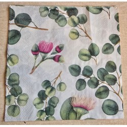 Serviette Blätter grün/Blumen pink