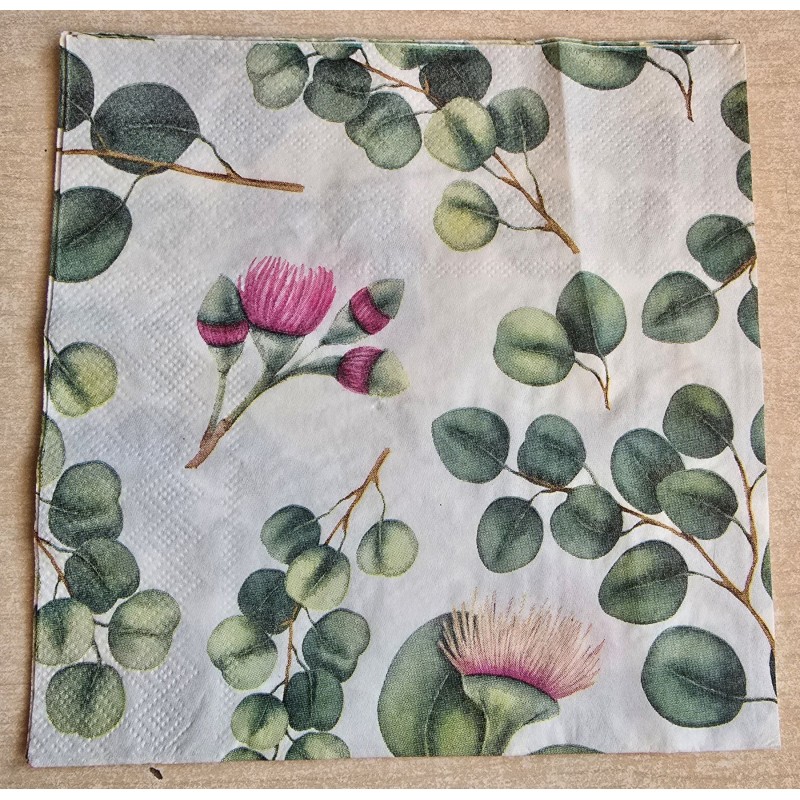 Serviette Blätter grün/Blumen pink