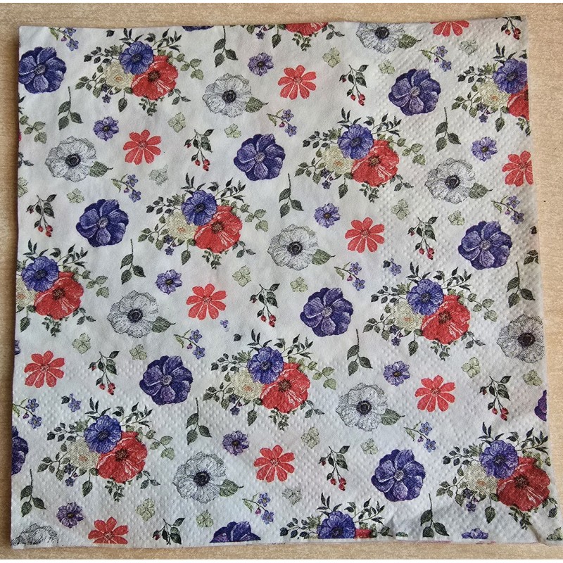 Serviette Blumen blau/rot/weiss