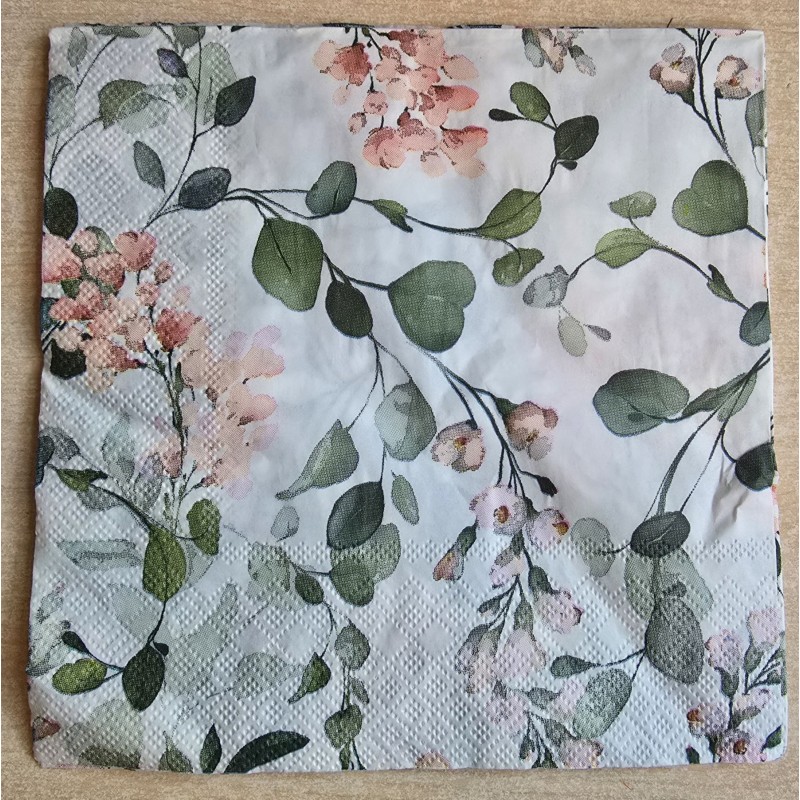 Serviette Blätter grün/Blumen rosa