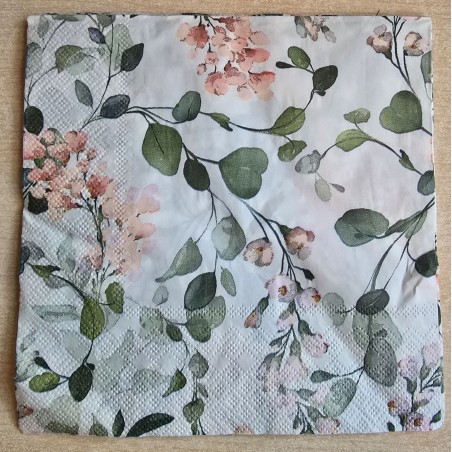 Serviette Blätter grün/Blumen rosa
