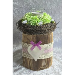 Altholz Teelicht Klotz  Herz/Rosen weiss/rosa