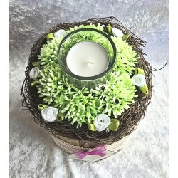 Altholz Teelicht Klotz  Herz/Rosen weiss/rosa
