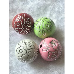Kunststoff Perle rot/silber Blumenmuster
