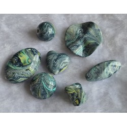 Kunststoff Perle rund-flach-gewellt petrol/gelb/mint