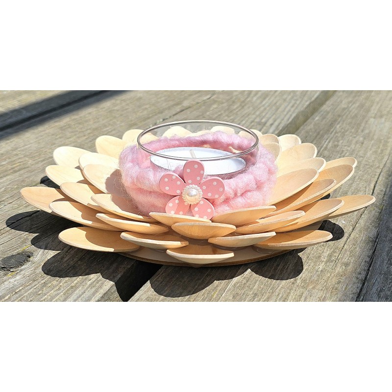 Holzlöffel Teelicht mittel Blume/rosa