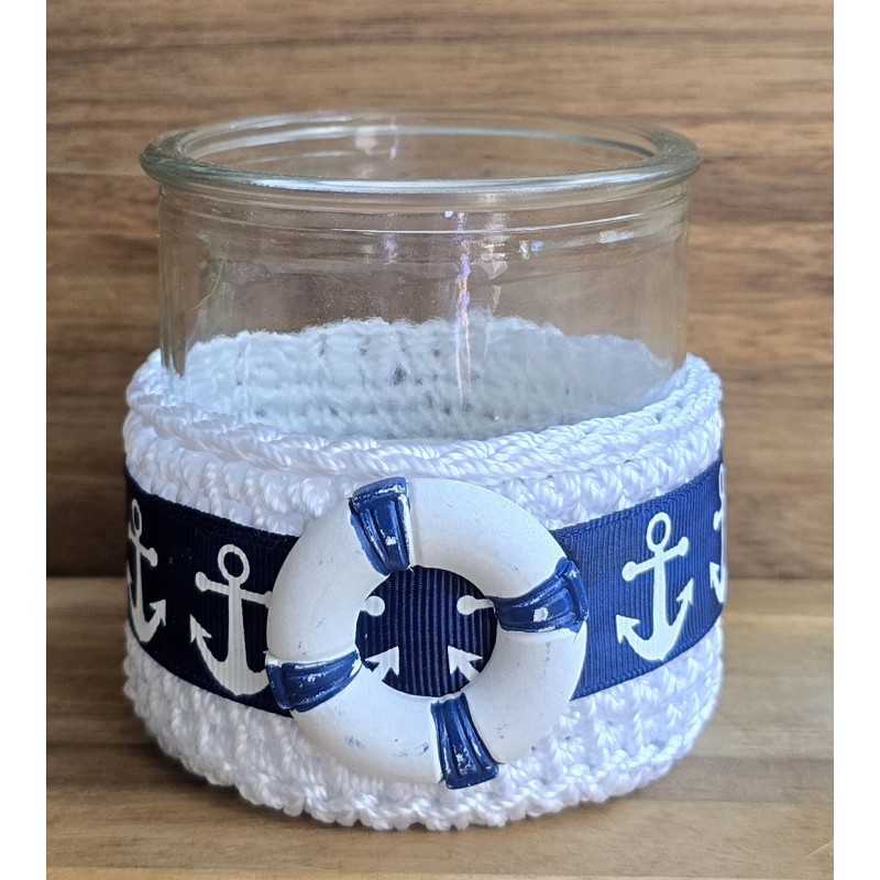 Teelicht Glas Rettungsring/weiss-dunkelblau
