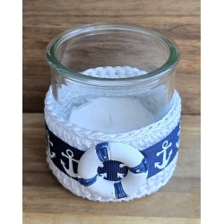 Teelicht Glas Rettungsring/weiss-dunkelblau