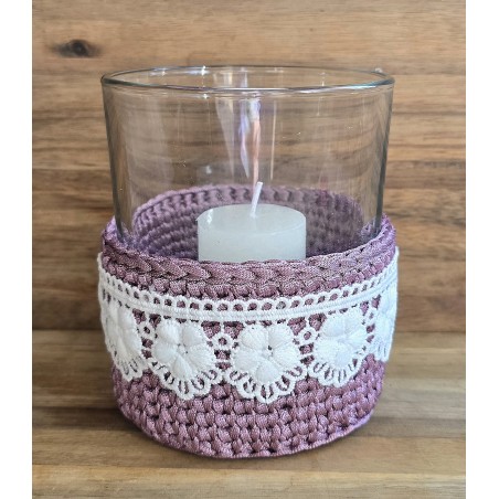 Teelicht Glas Spitzenblumen/mauve-weiss