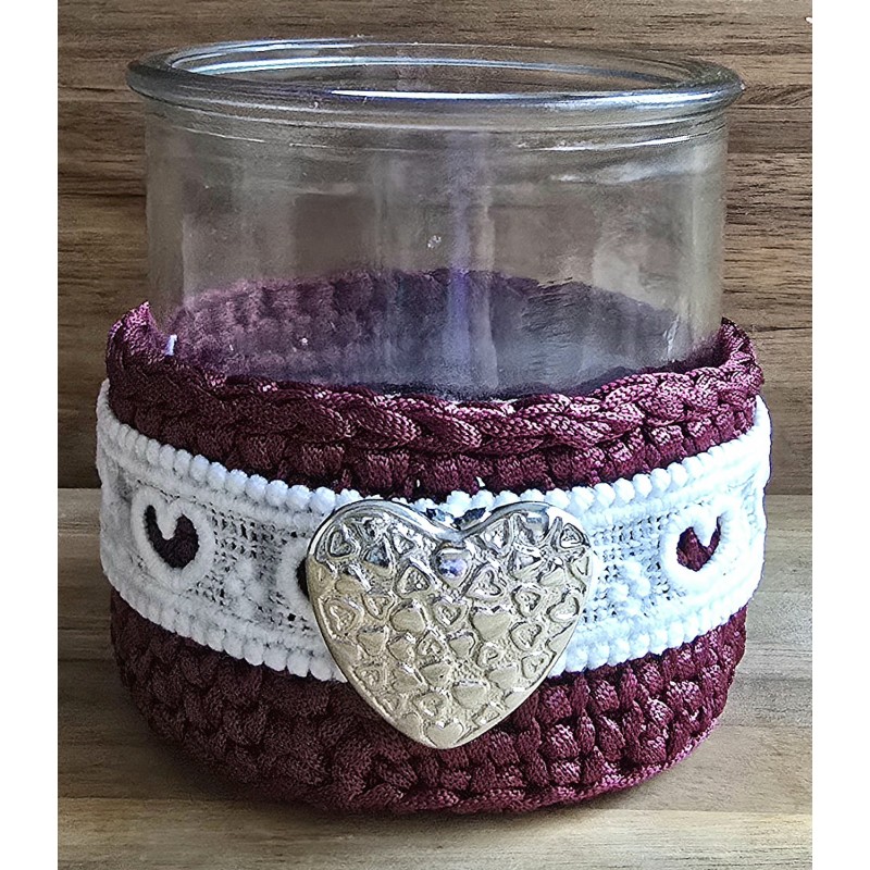 Teelicht Glas Herz silber/bordeaux-weiss