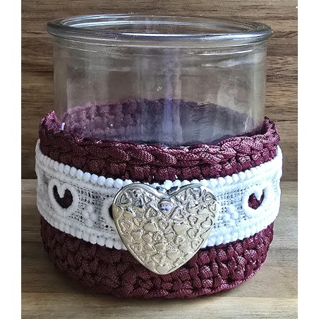 Teelicht Glas Herz silber/bordeaux-weiss