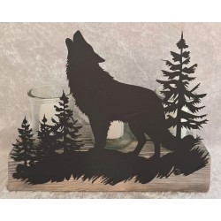 Teelicht Balken Wolf/Tannenbäume