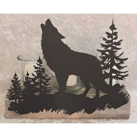Teelicht Balken Wolf/Tannenbäume