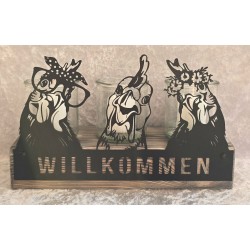 Teelicht Balken Willkommen/Lustige Hühner