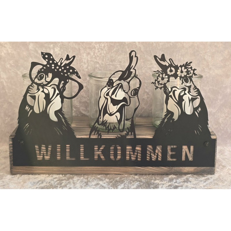 Teelicht Balken Willkommen/Lustige Hühner