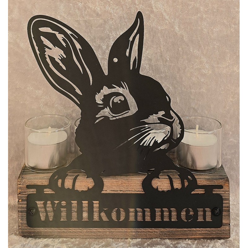 Teelicht Balken Willkommen/Kaninchen Kopf
