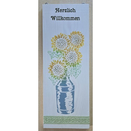 Schild "Herzlich Willkommen"/Sonnenblumen