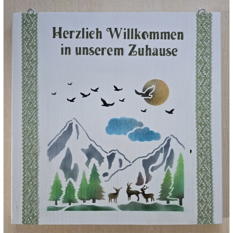Schild "Herzlich Willkommen"/Hirsche, Berge/grün
