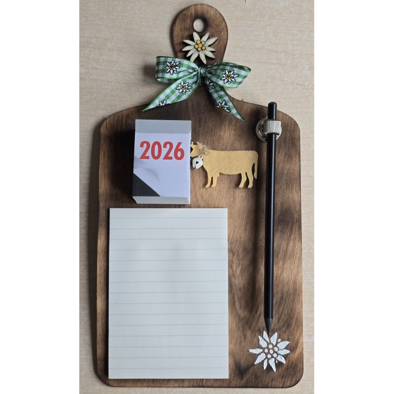 Brettchen mit Notizblock/Kalender 2026 und Bleistift grün