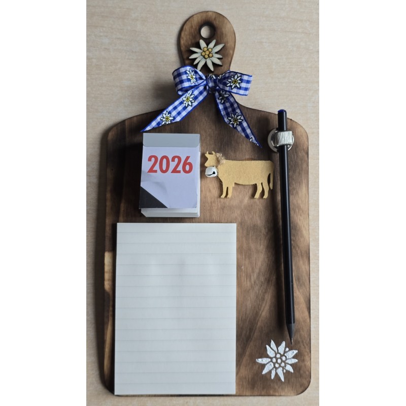 Brettchen mit Notizblock/Kalender 2026 und Bleistift blau