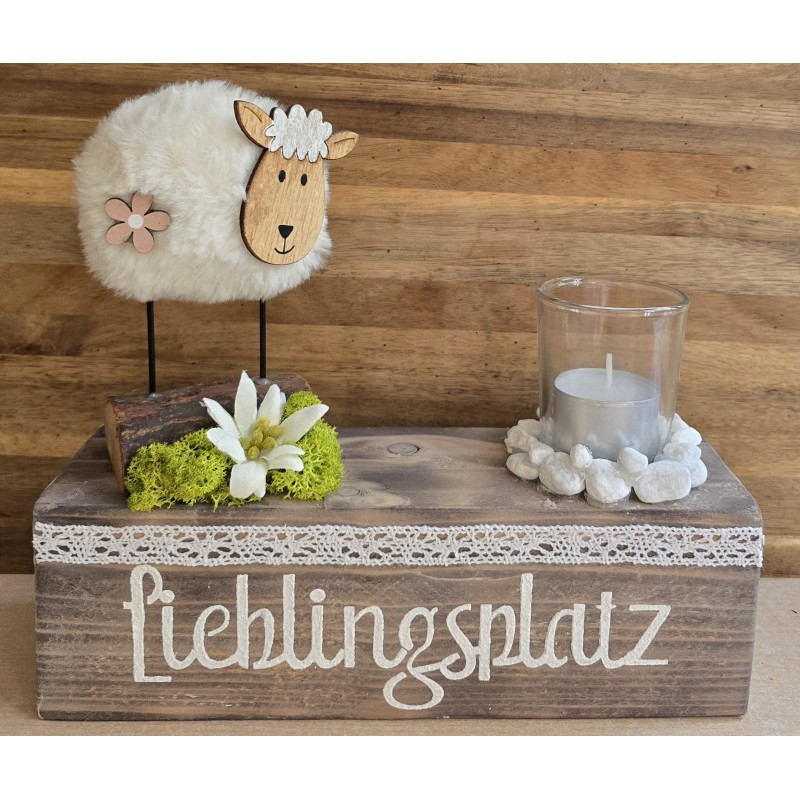 Teelicht Balken "Lieblingsplatz" /Schaf weiss